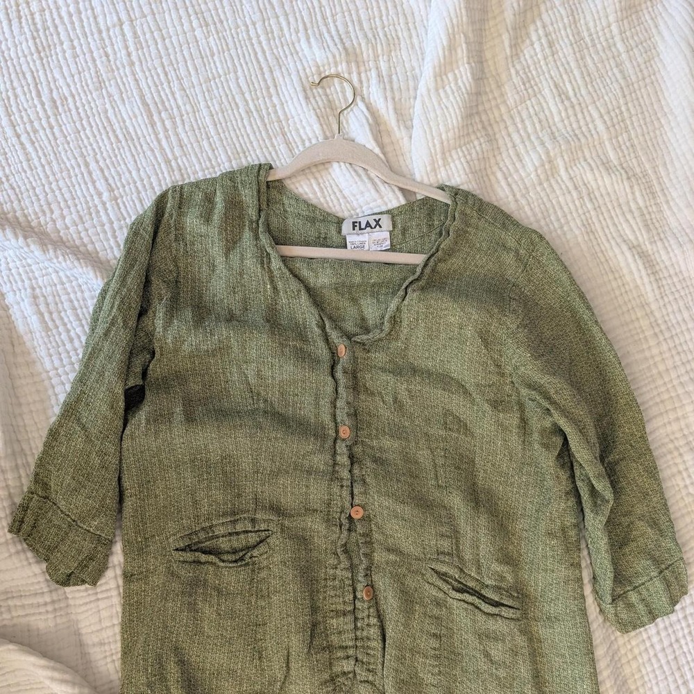 Flax Green linen button up‎ shirt with pockets